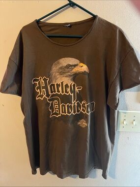 VINTAGE 2001 HARLEY DAVIDSON Y2K EAGLE BAR & SHIELD RAW EDGE BROWN TEE SIZE XL
